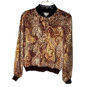 Vintage Allison Taylor 100% Silk Cheetah Print Bomber Jacket Women's Size Large